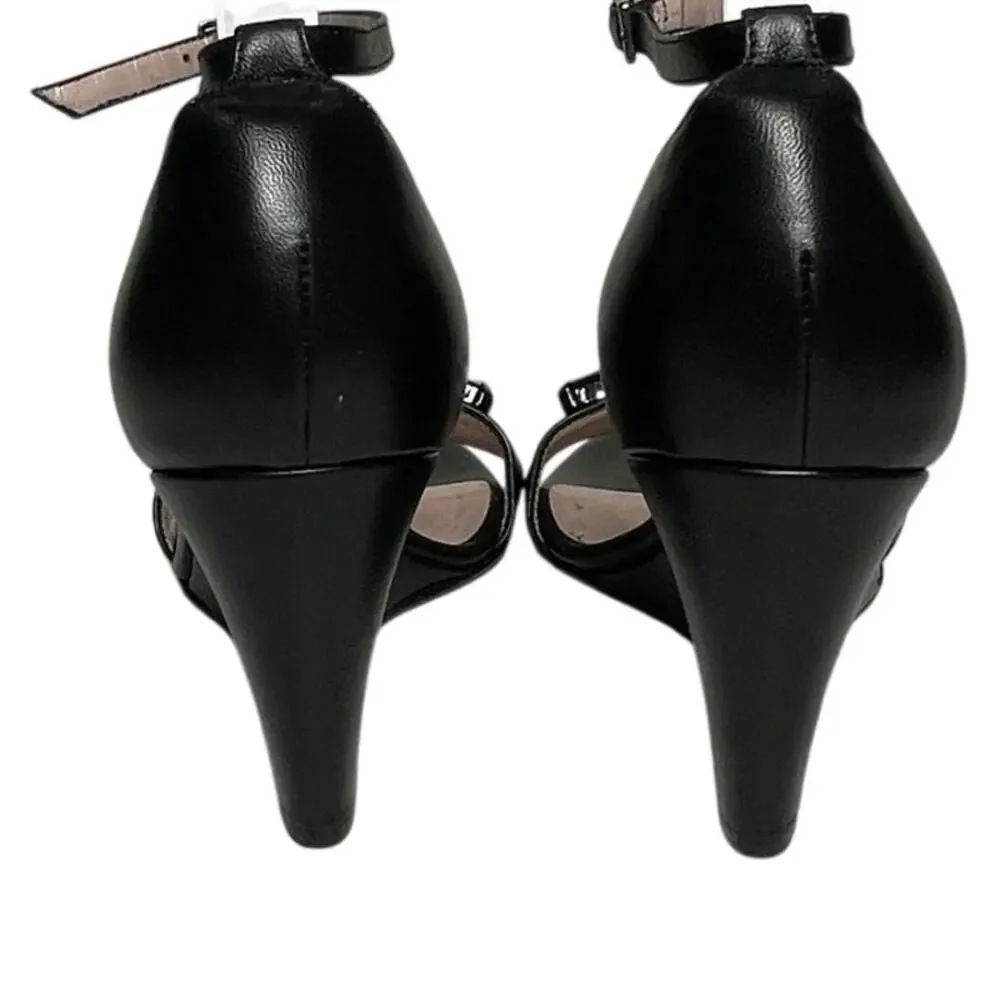 KATE SPADE Women’s Black Leather Bejeweled Ankle Strap Wedge Shoes